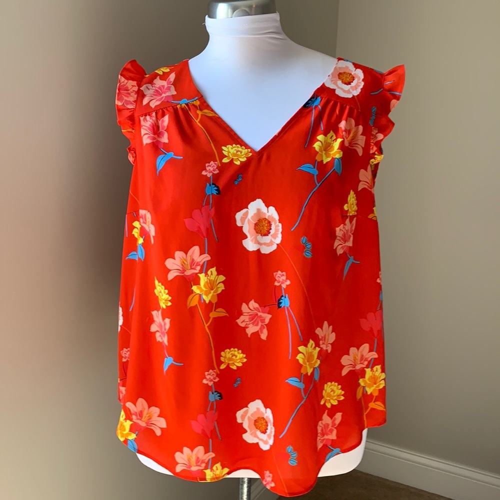 LOFT PLUS Red Flutter Sleeve Floral Top size 14